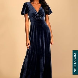 Absolutely Amazed Navy Blue Velvet Flutter Sleeve Maxi Dress